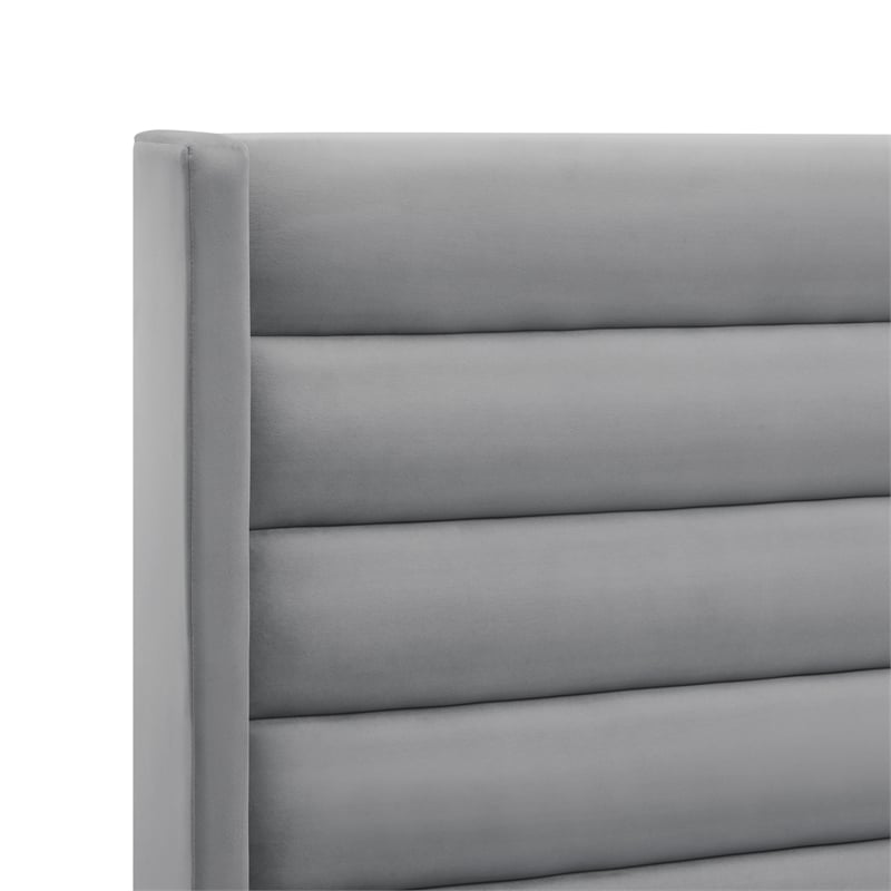 Posh Living Kaeson Upholstered Velvet & Wood Queen Platform Bed in Light Gray