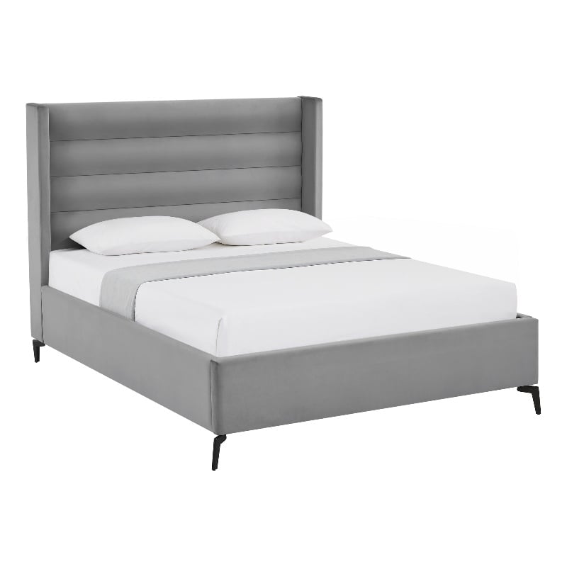 Posh Living Kaeson Upholstered Velvet & Wood Queen Platform Bed in Light Gray