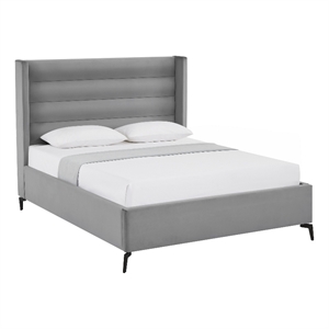 Posh Living Kaeson Upholstered Velvet & Wood Queen Platform Bed in Light Gray