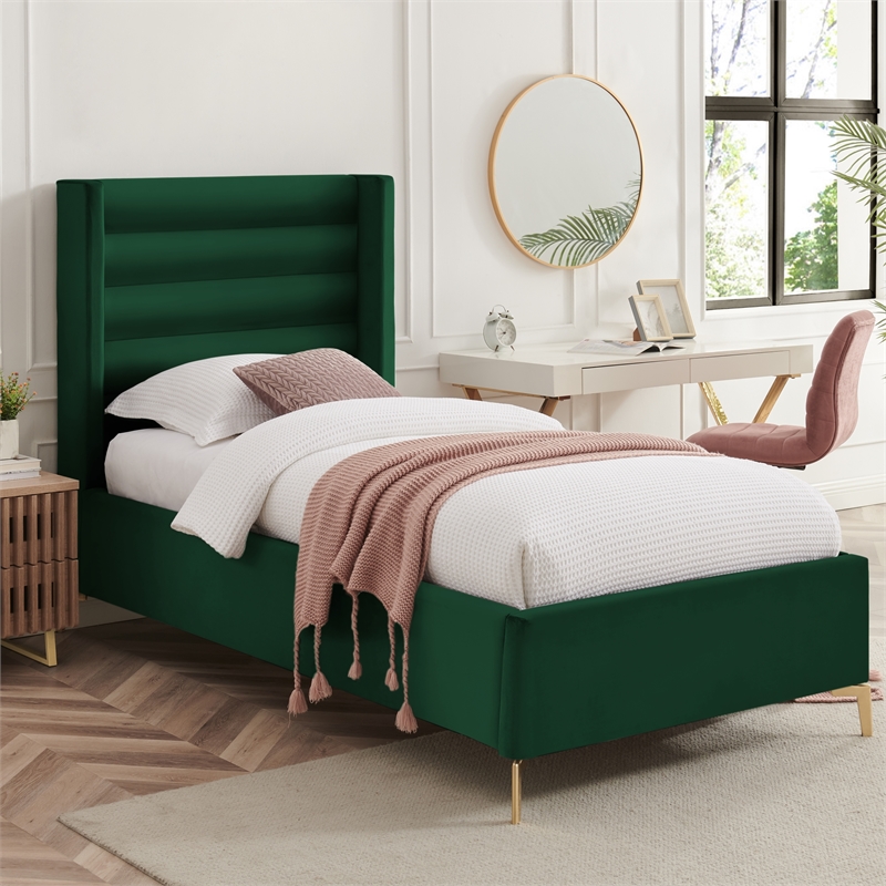 Posh Living Kaeson Upholstered Velvet & Wood Twin XL Platform Bed in Green