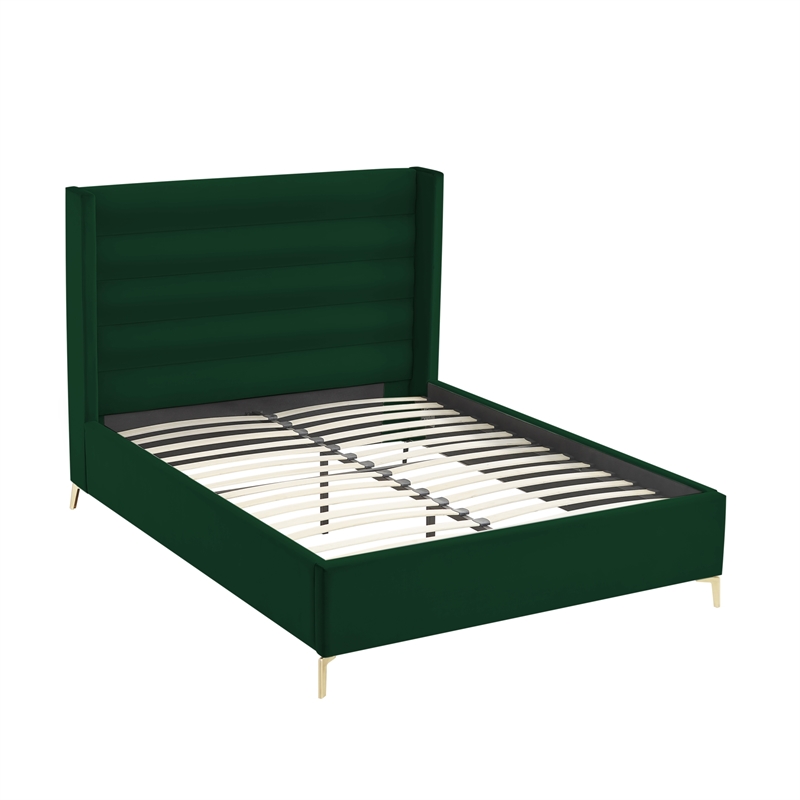 Posh Living Kaeson Upholstered Velvet & Wood Queen Platform Bed in Green