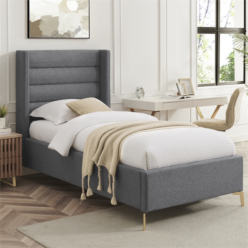 Posh Living Kaeson Upholstered Linen & Wood Full Platform Bed in Gray