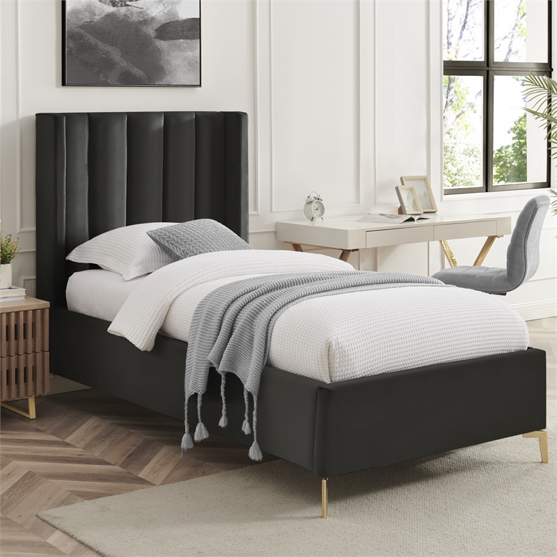 Posh Living Kam Upholstered Velvet & Wood Full Platform Bed in Black