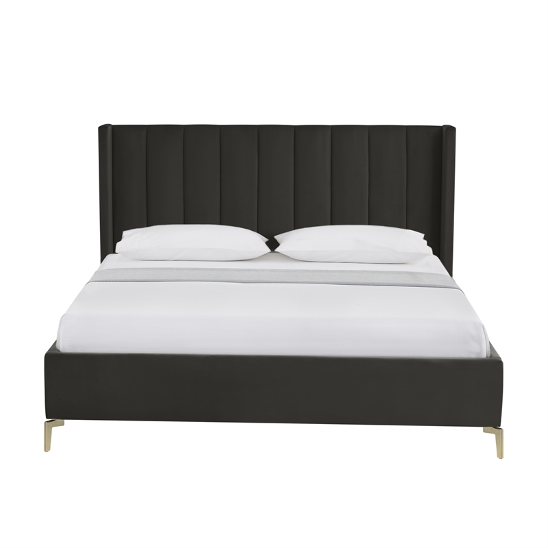 Posh Living Kam Upholstered Velvet & Wood King Platform Bed in Black