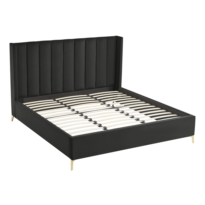 Posh Living Kam Upholstered Velvet & Wood King Platform Bed in Black