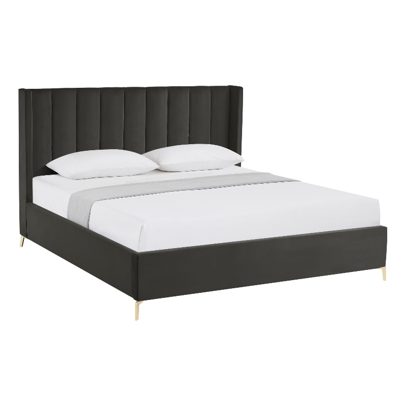 Posh Living Kam Upholstered Velvet & Wood King Platform Bed in Black