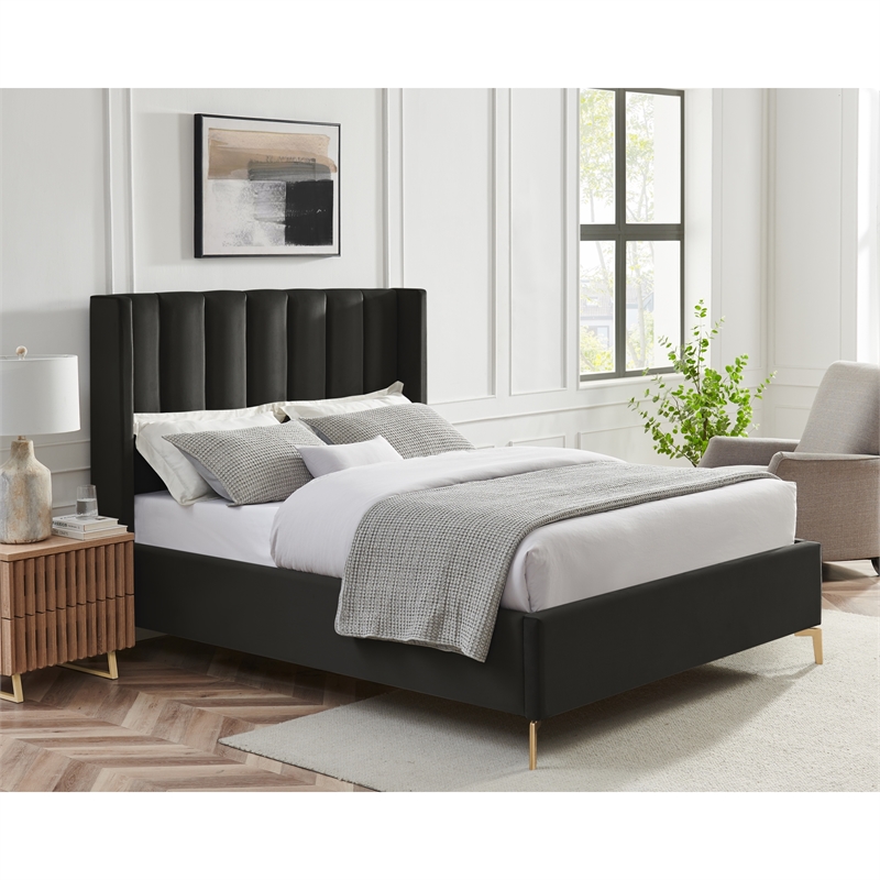 Posh Living Kam Upholstered Velvet & Wood Queen Platform Bed in Black