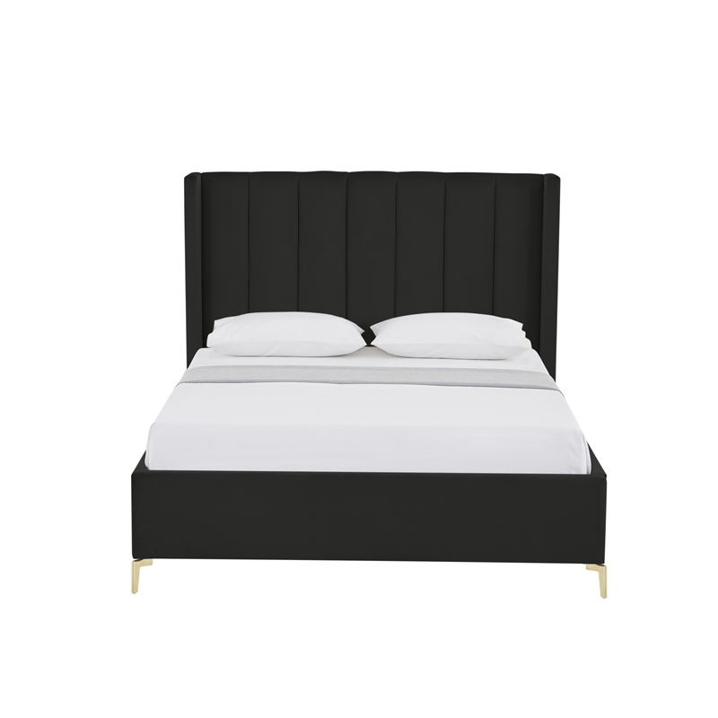 Posh Living Kam Upholstered Velvet & Wood Queen Platform Bed in Black