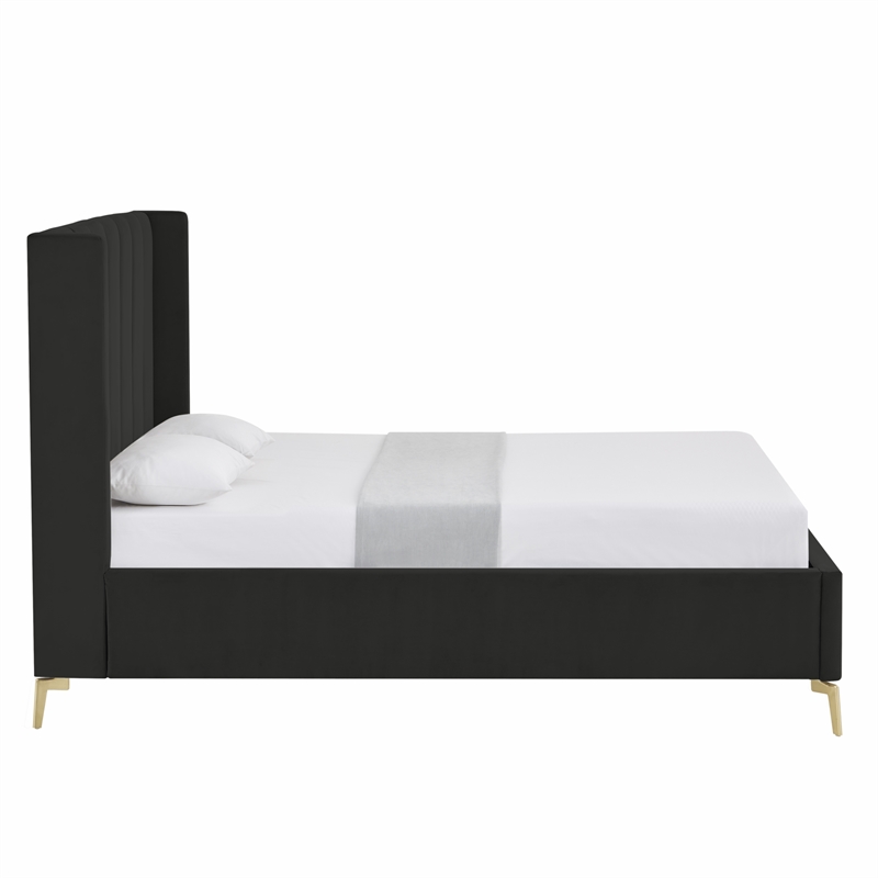 Posh Living Kam Upholstered Velvet & Wood Queen Platform Bed in Black