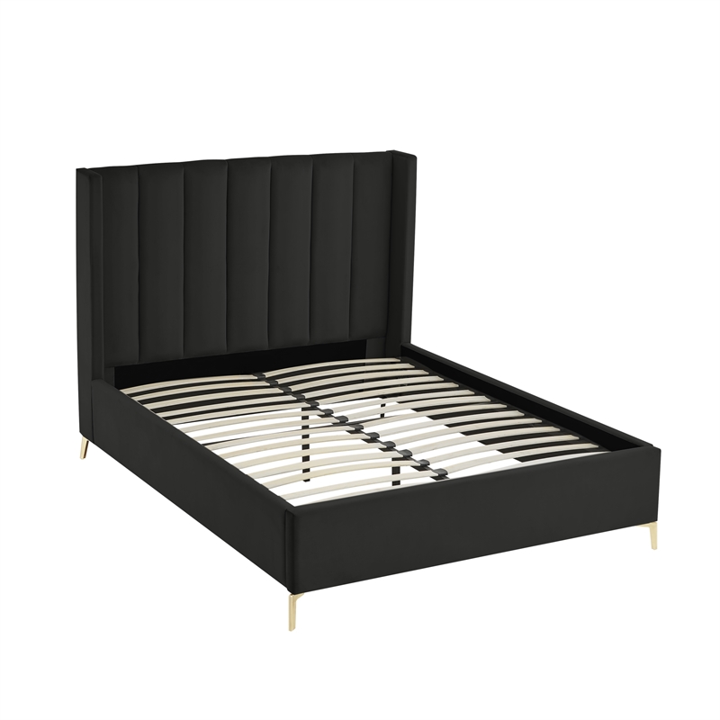 Posh Living Kam Upholstered Velvet & Wood Queen Platform Bed in Black