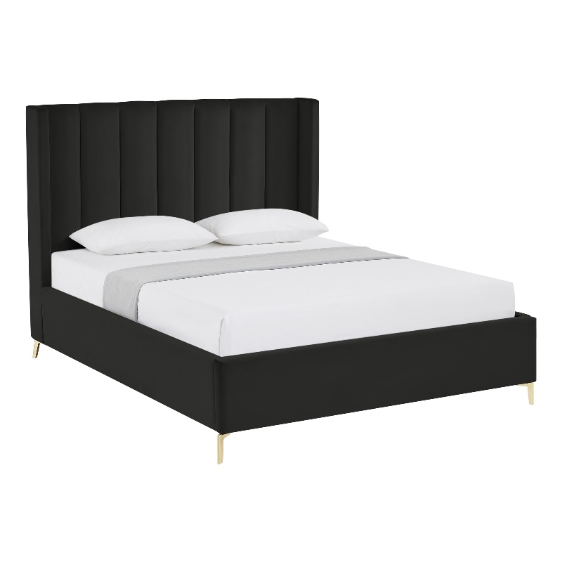 Posh Living Kam Upholstered Velvet & Wood Queen Platform Bed in Black