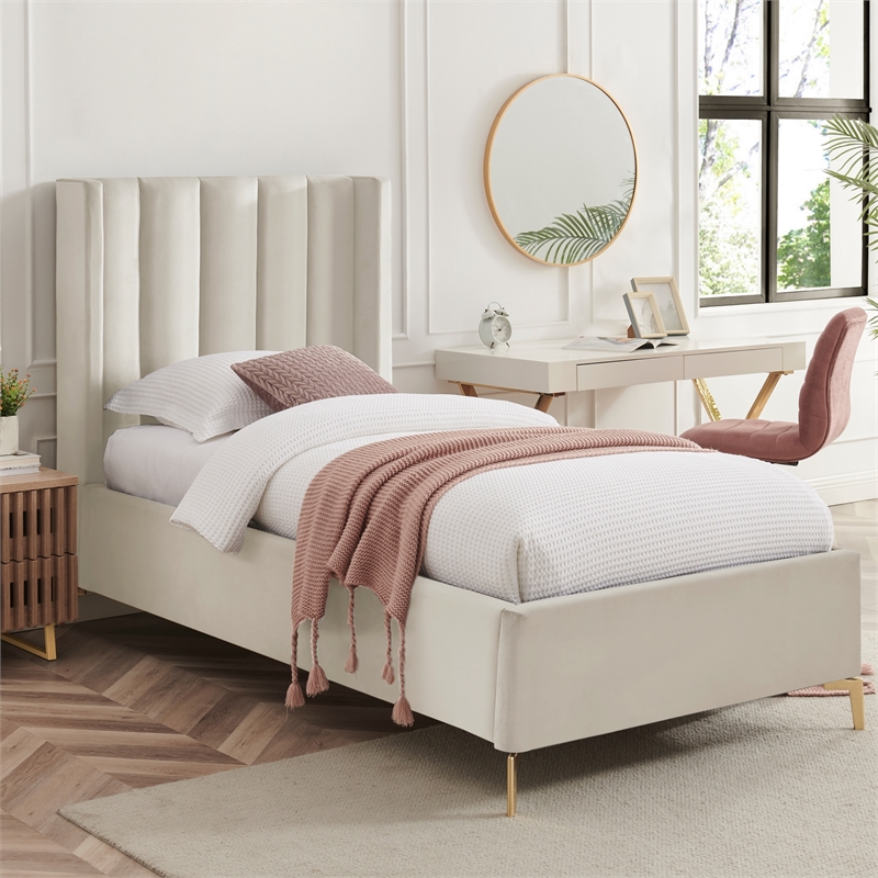 Posh Living Kam Upholstered Velvet & Wood Twin XL Platform Bed in Cream White