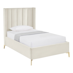 Posh Living Kam Upholstered Velvet & Wood Twin XL Platform Bed in Cream White