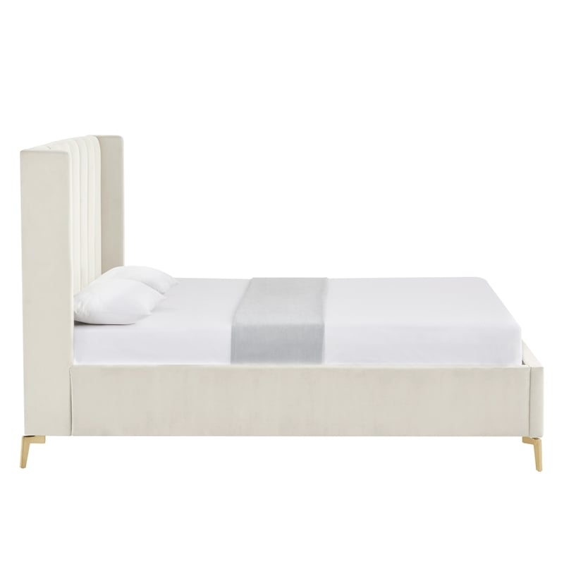 Posh Living Kam Upholstered Velvet & Wood Full Platform Bed in Cream White