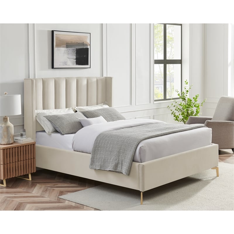 Posh Living Kam Upholstered Velvet & Wood King Platform Bed in Cream White