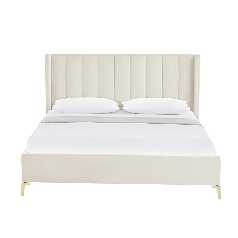 Posh Living Kam Upholstered Velvet & Wood King Platform Bed in Cream White
