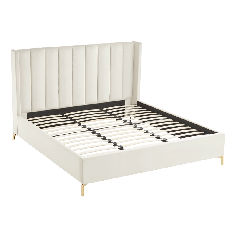 Posh Living Kam Upholstered Velvet & Wood King Platform Bed in Cream White
