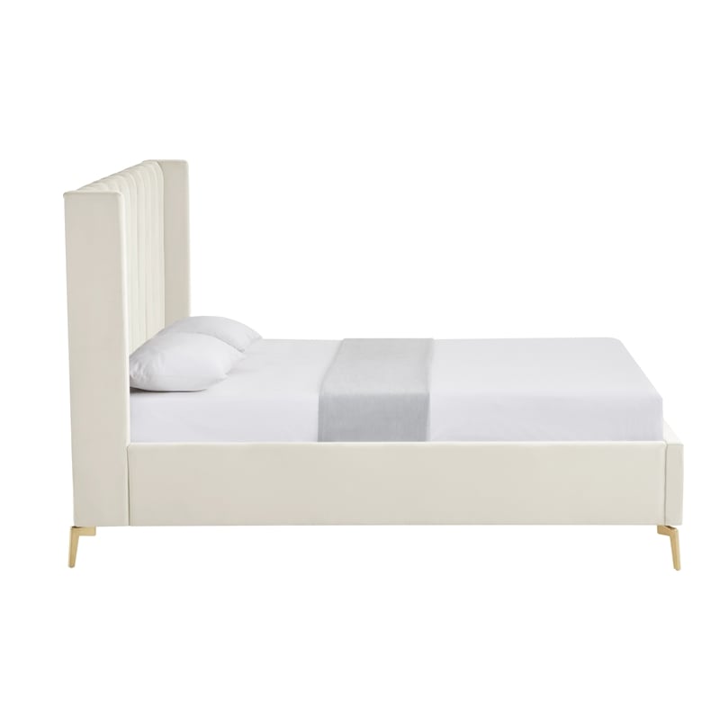 Posh Living Kam Upholstered Velvet & Wood Queen Platform Bed in Cream White