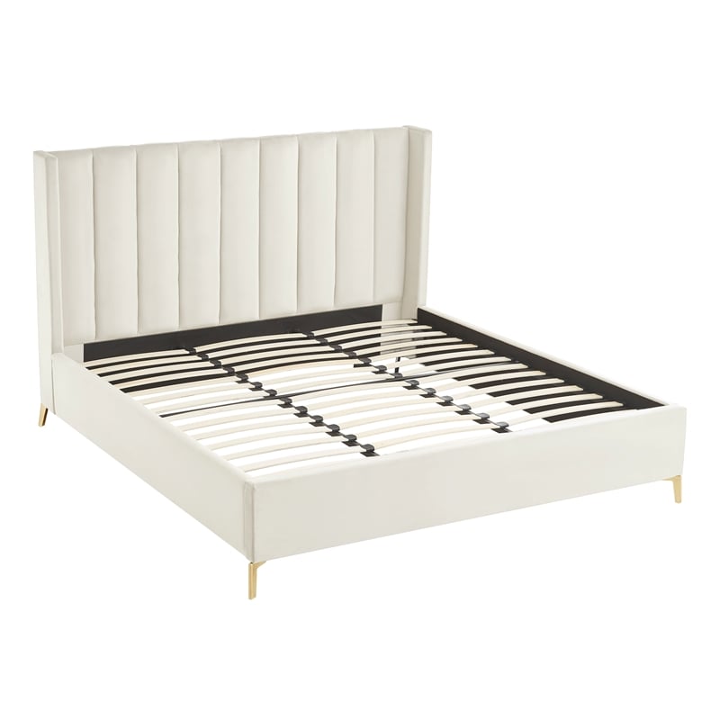 Posh Living Kam Upholstered Velvet & Wood Queen Platform Bed in Cream White