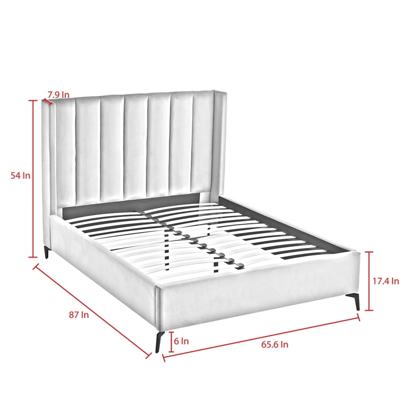 Posh Living Kam Upholstered Velvet & Wood Queen Platform Bed in Cream White