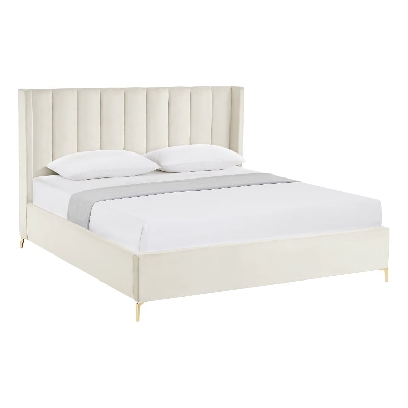 Posh Living Kam Upholstered Velvet & Wood Queen Platform Bed in Cream White