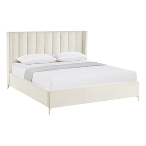 Posh Living Kam Upholstered Velvet & Wood Queen Platform Bed in Cream White