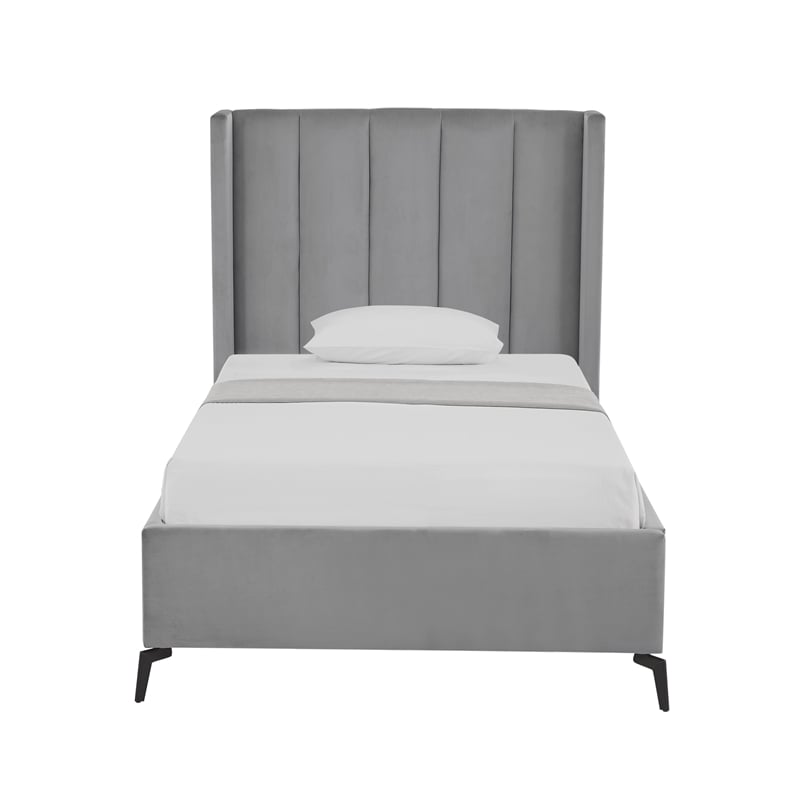 Posh Living Kam Upholstered Velvet & Wood Twin XL Platform Bed in Light Gray