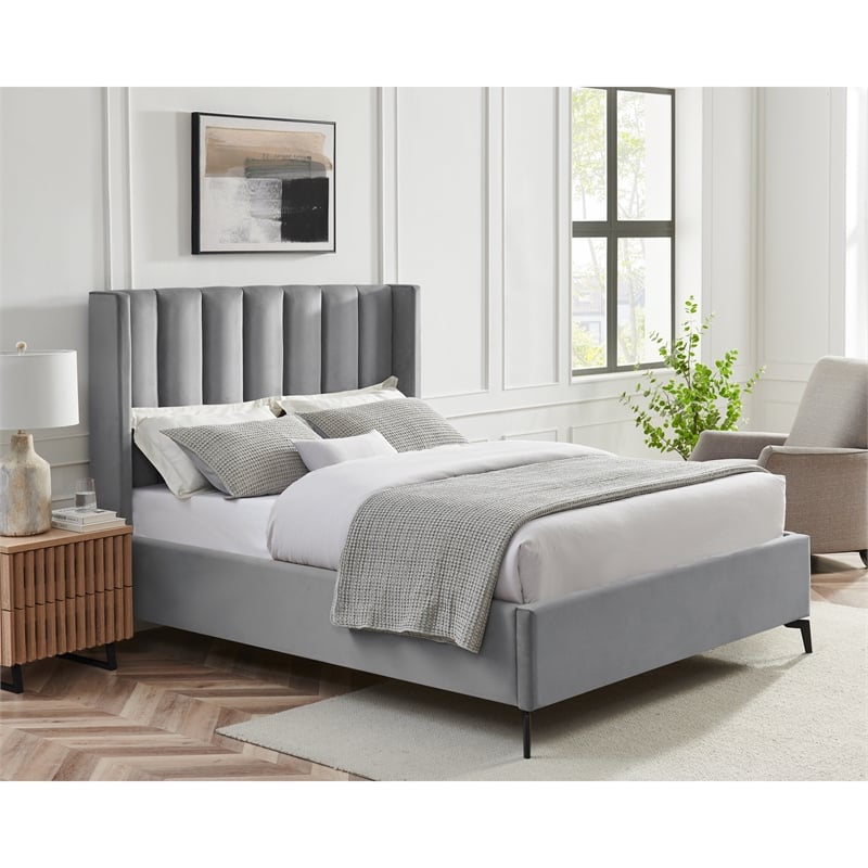 Posh Living Kam Upholstered Velvet & Wood King Platform Bed in Light Gray