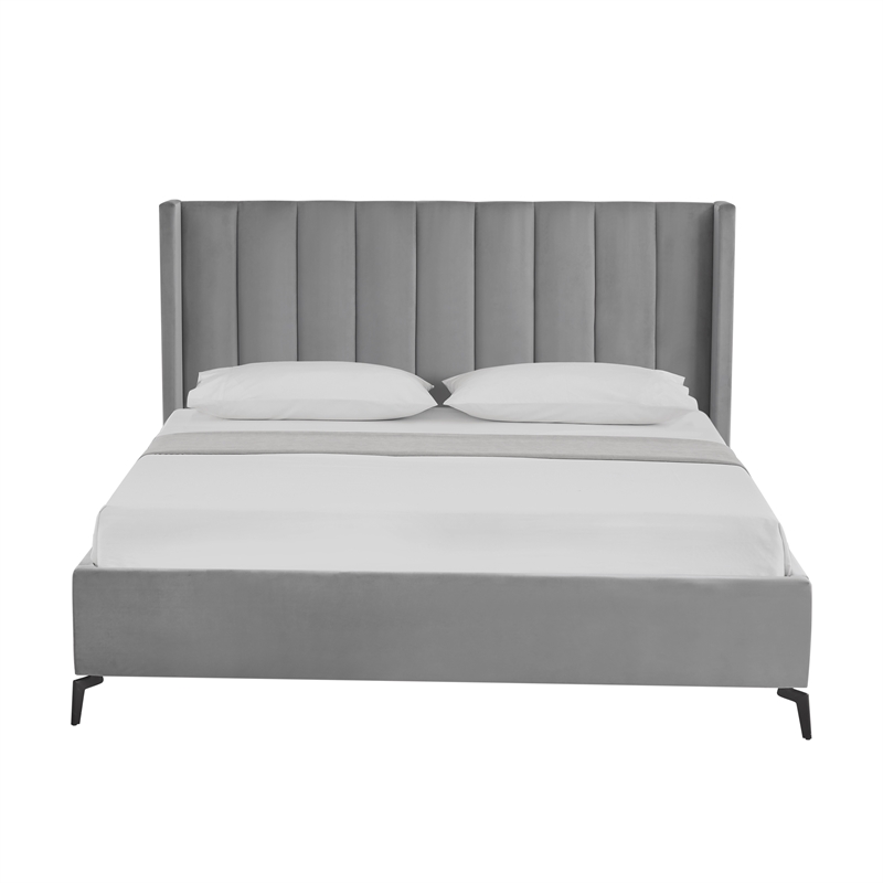 Posh Living Kam Upholstered Velvet & Wood King Platform Bed in Light Gray
