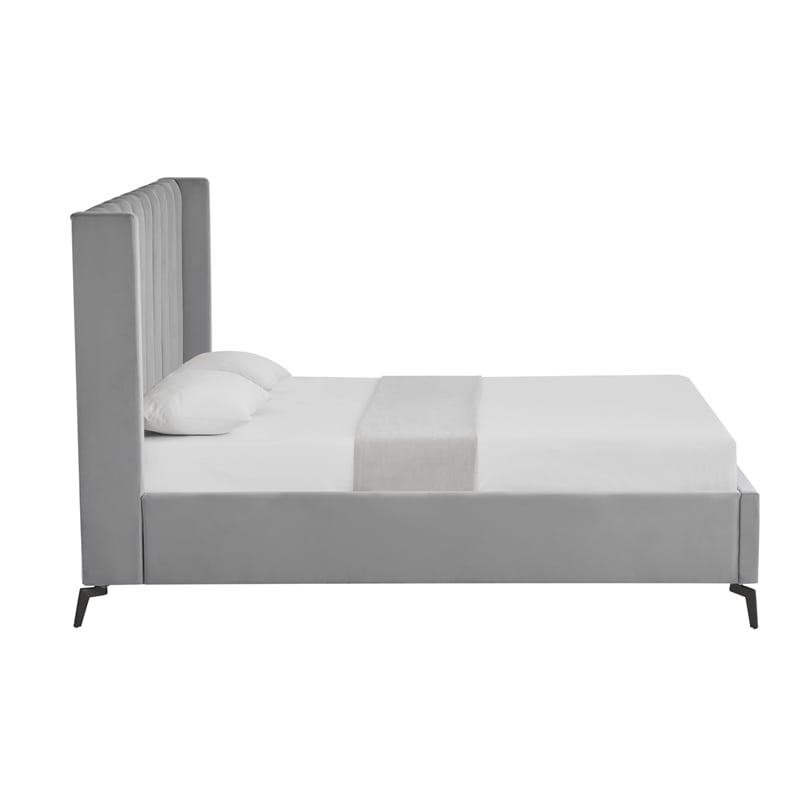 Posh Living Kam Upholstered Velvet & Wood King Platform Bed in Light Gray