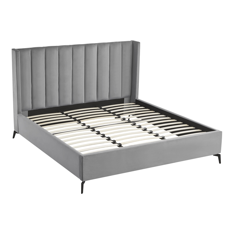 Posh Living Kam Upholstered Velvet & Wood King Platform Bed in Light Gray