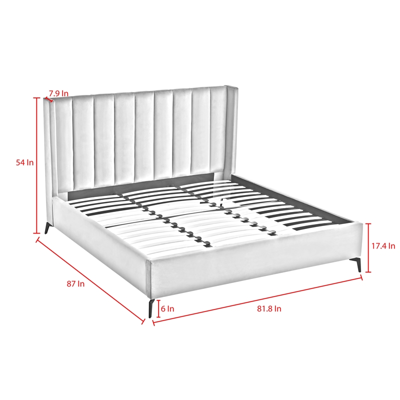 Posh Living Kam Upholstered Velvet & Wood King Platform Bed in Light Gray