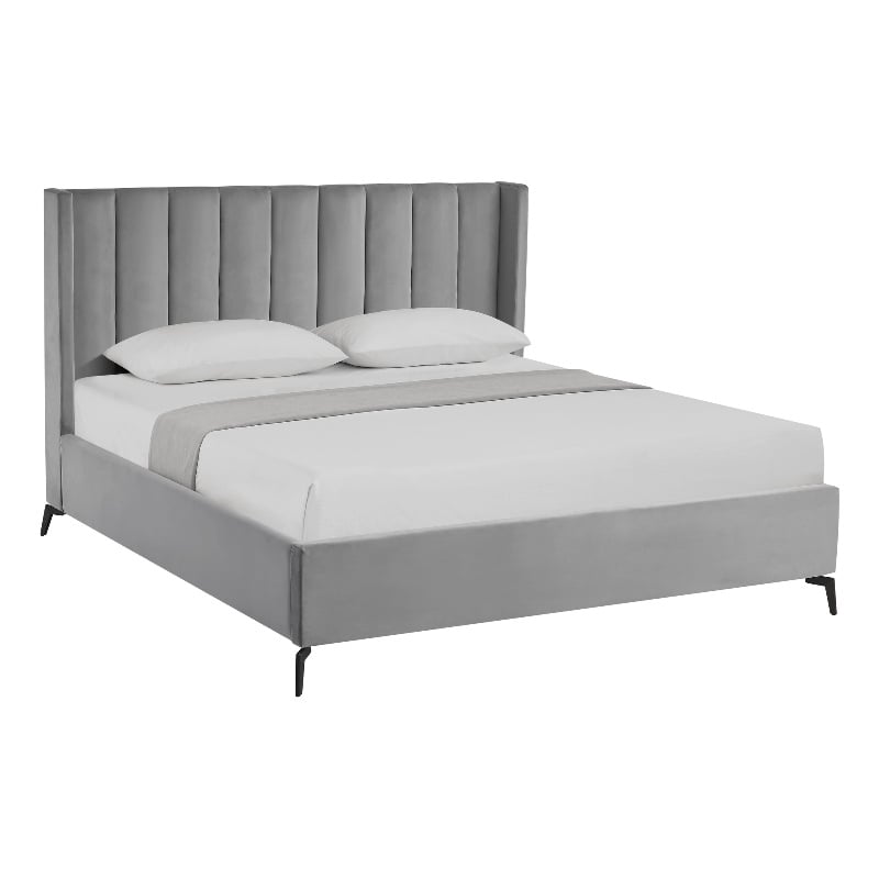Posh Living Kam Upholstered Velvet & Wood King Platform Bed in Light Gray