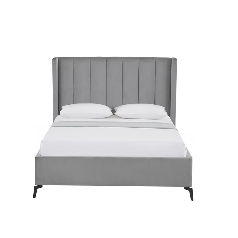 Posh Living Kam Upholstered Velvet & Wood Queen Platform Bed in Light Gray