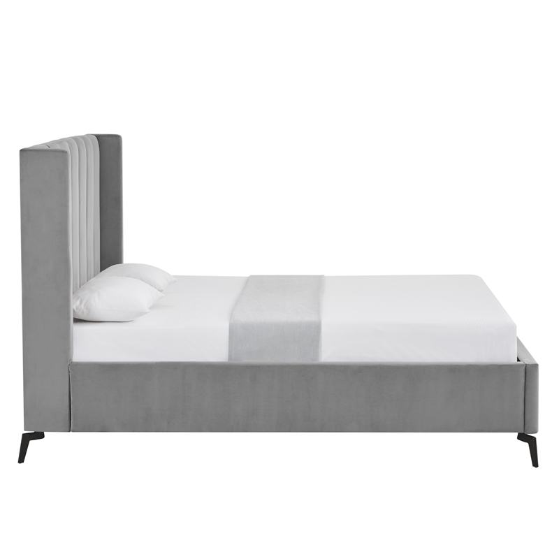 Posh Living Kam Upholstered Velvet & Wood Queen Platform Bed in Light Gray