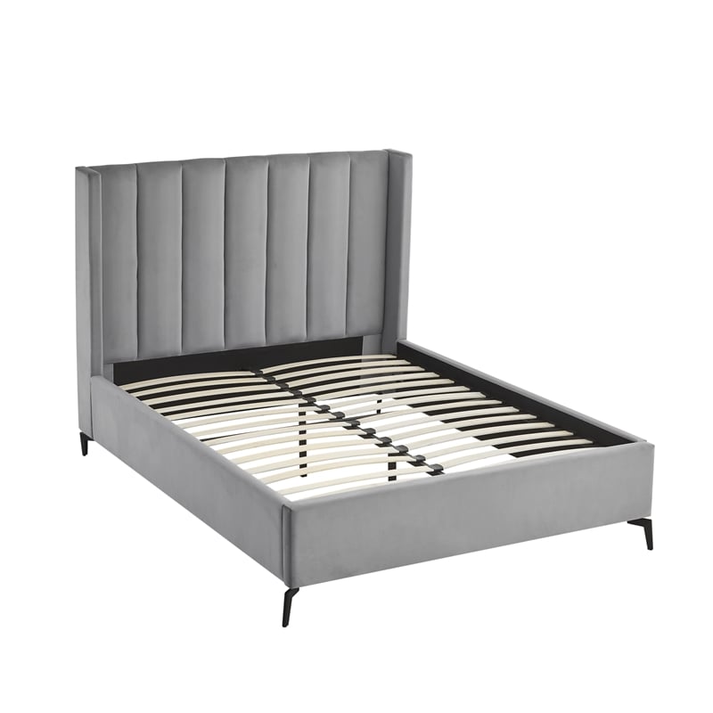 Posh Living Kam Upholstered Velvet & Wood Queen Platform Bed in Light Gray