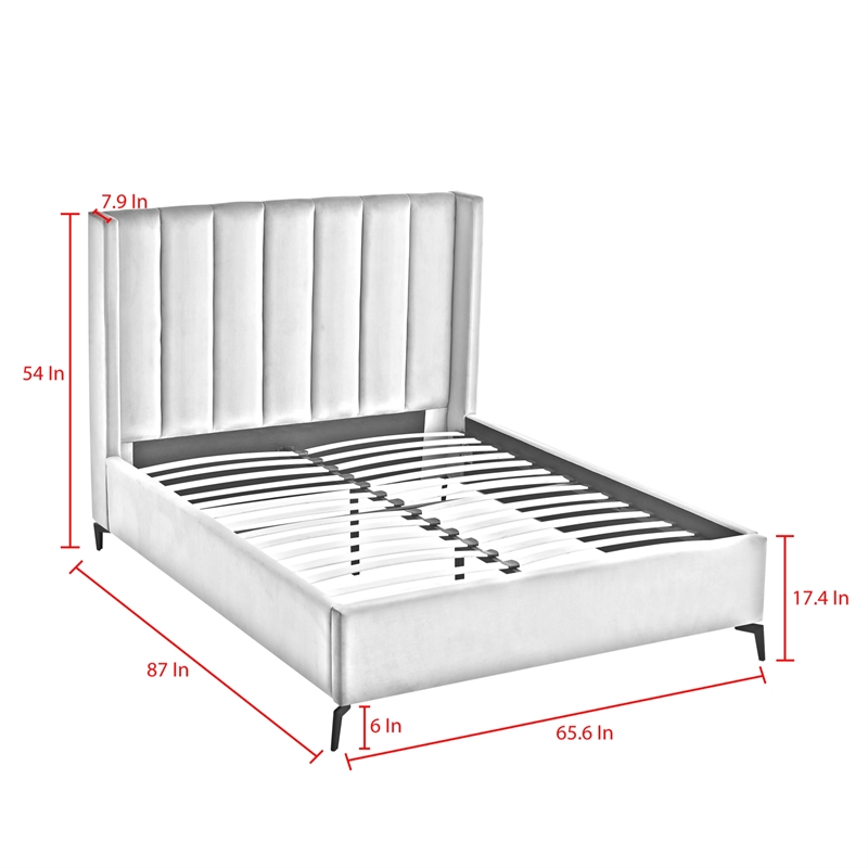 Posh Living Kam Upholstered Velvet & Wood Queen Platform Bed in Light Gray
