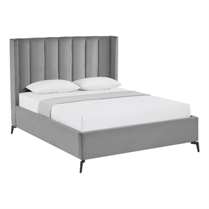 Posh Living Kam Upholstered Velvet & Wood Queen Platform Bed in Light Gray