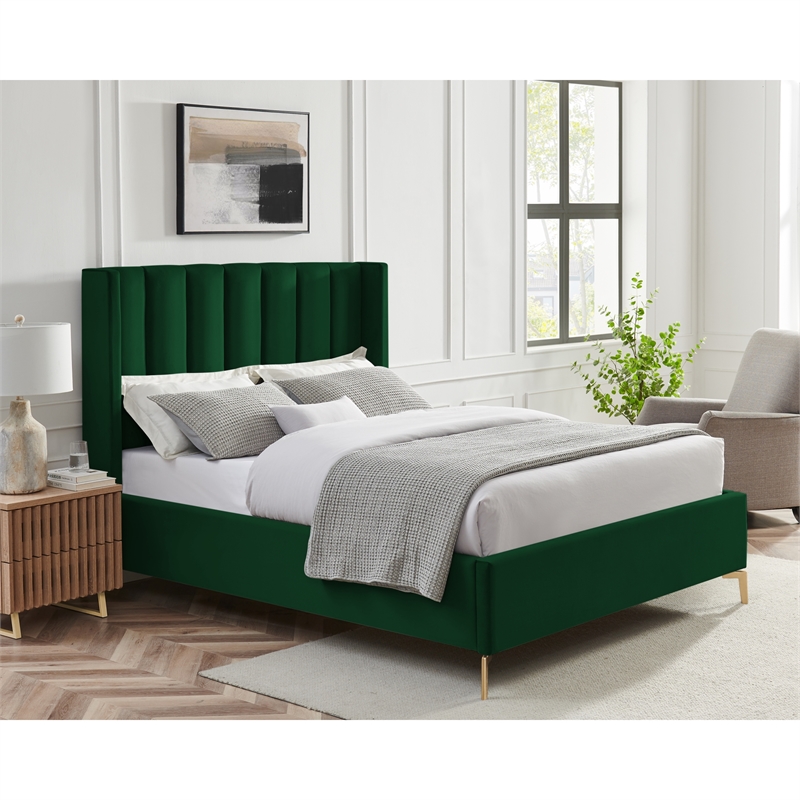 Posh Living Kam Upholstered Velvet & Wood Queen Platform Bed in Green