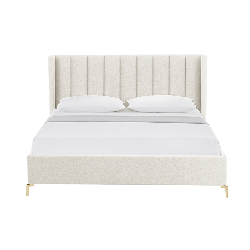 Posh Living Kam Upholstered Linen & Wood King Platform Bed in Light Beige