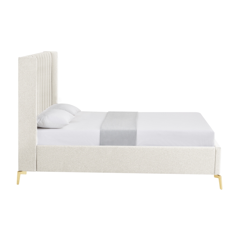 Posh Living Kam Upholstered Linen & Wood King Platform Bed in Light Beige