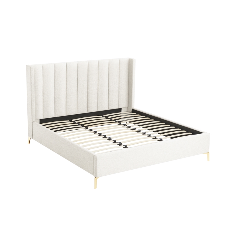 Posh Living Kam Upholstered Linen & Wood King Platform Bed in Light Beige