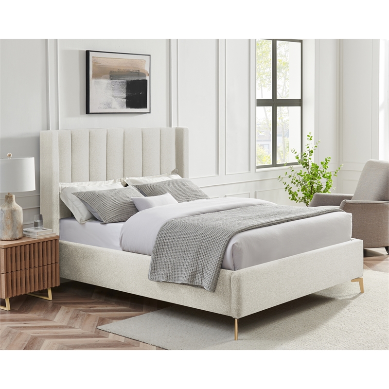 Posh Living Kam Upholstered Linen & Wood Queen Platform Bed in Light Beige