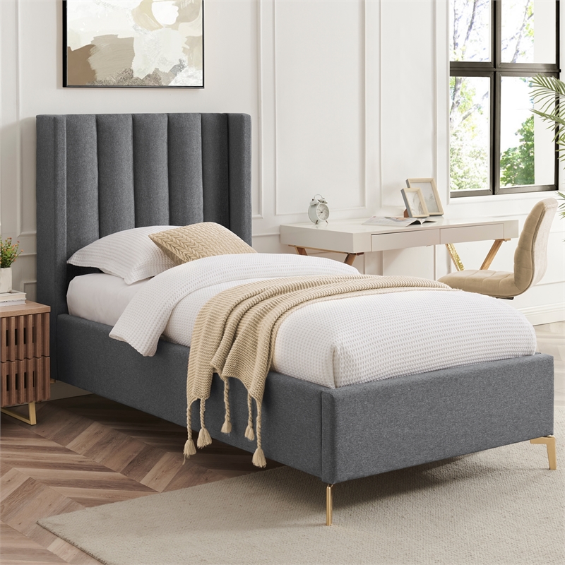 Posh Living Kam Upholstered Linen & Wood Full Platform Bed in Gray