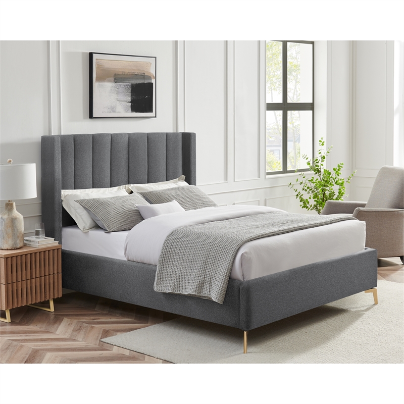 Posh Living Kam Upholstered Linen & Wood King Platform Bed in Gray