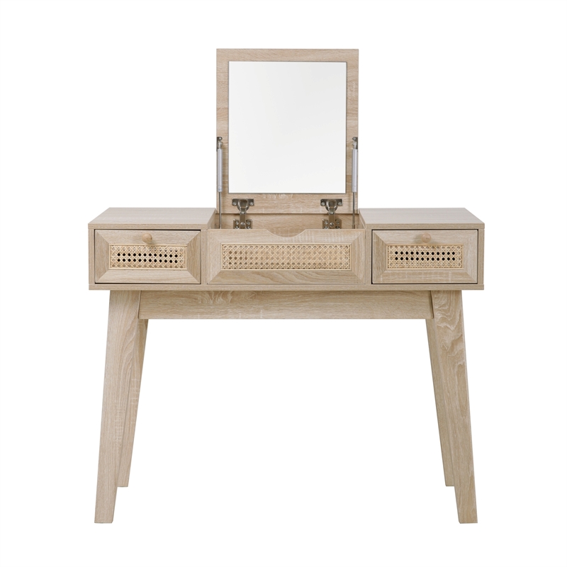 Posh Living Aralyn Wood & Rattan Vanity Table in Beige/Natural