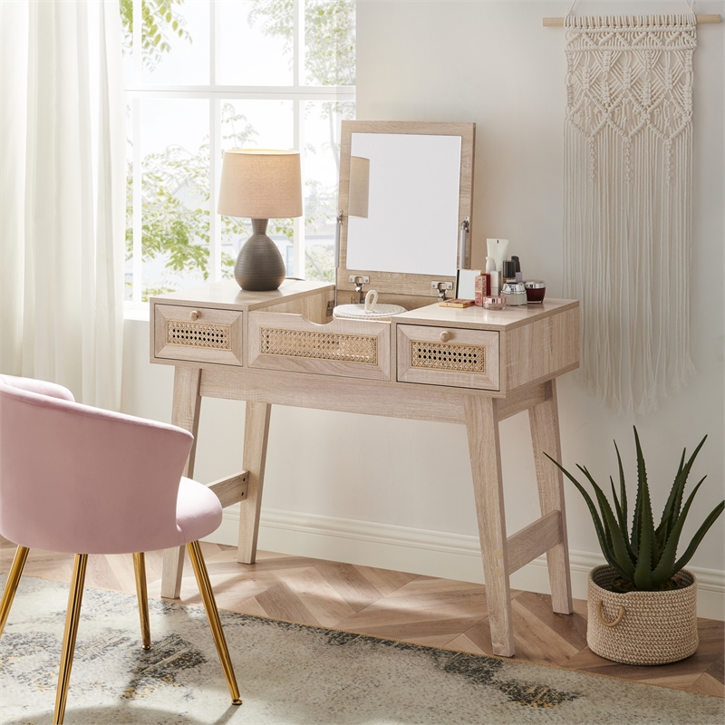 Posh Living Aralyn Wood & Rattan Vanity Table in Beige/Natural