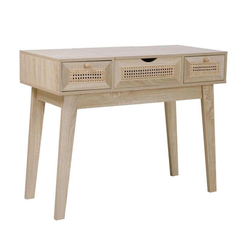 Posh Living Aralyn Wood & Rattan Vanity Table in Beige/Natural