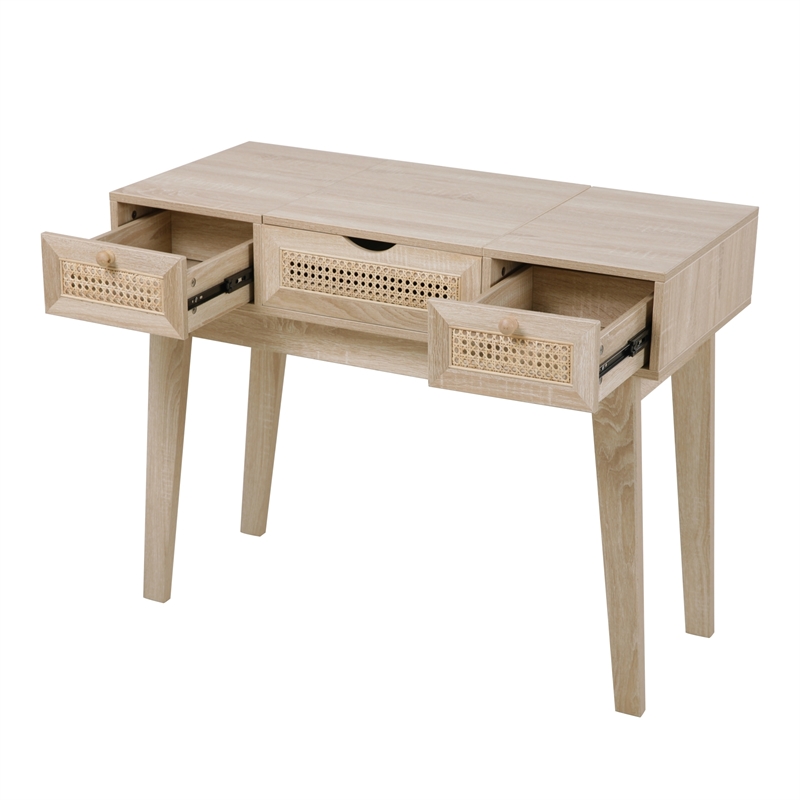 Posh Living Aralyn Wood & Rattan Vanity Table in Beige/Natural