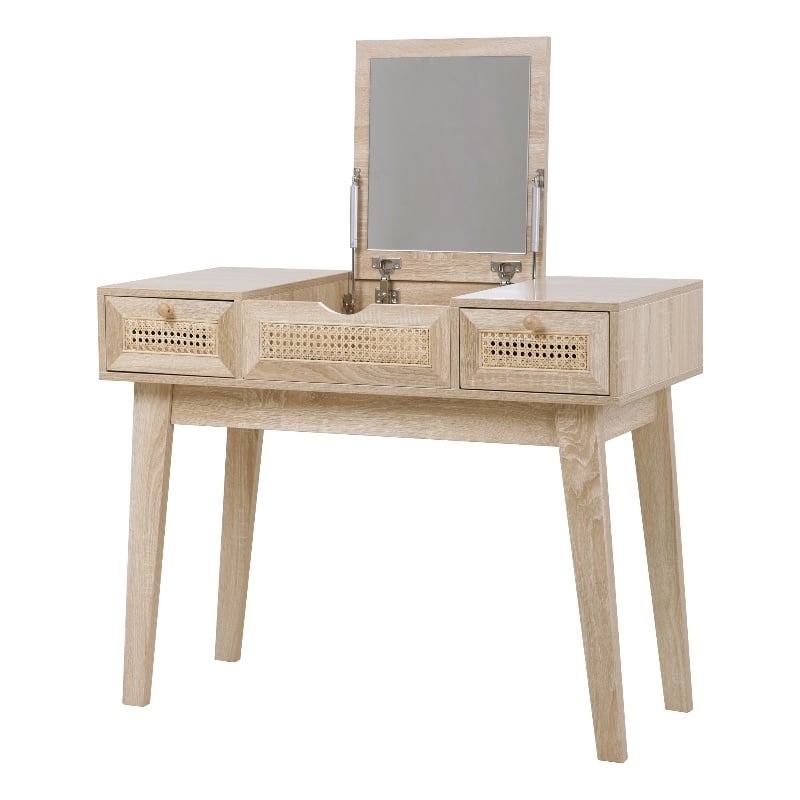 Posh Living Aralyn Wood & Rattan Vanity Table in Beige/Natural